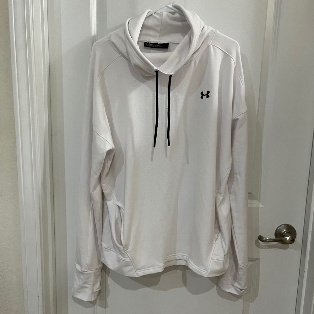 Under Armour Womens XL White Rival Fleece Funnel Neck Hoodie Thumbholes Loose